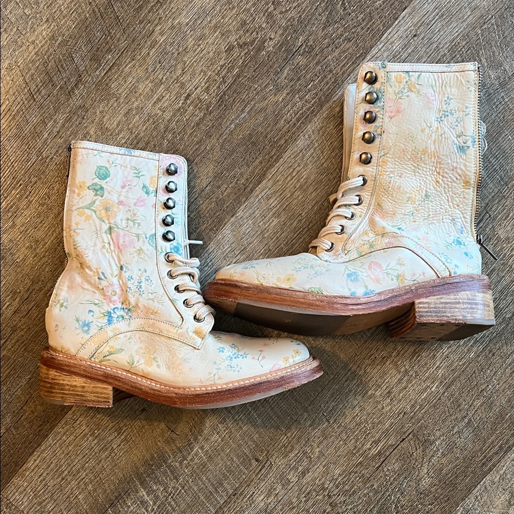 Free People Santa Fe Lace-Up Combat Boots in ivory floral leather
